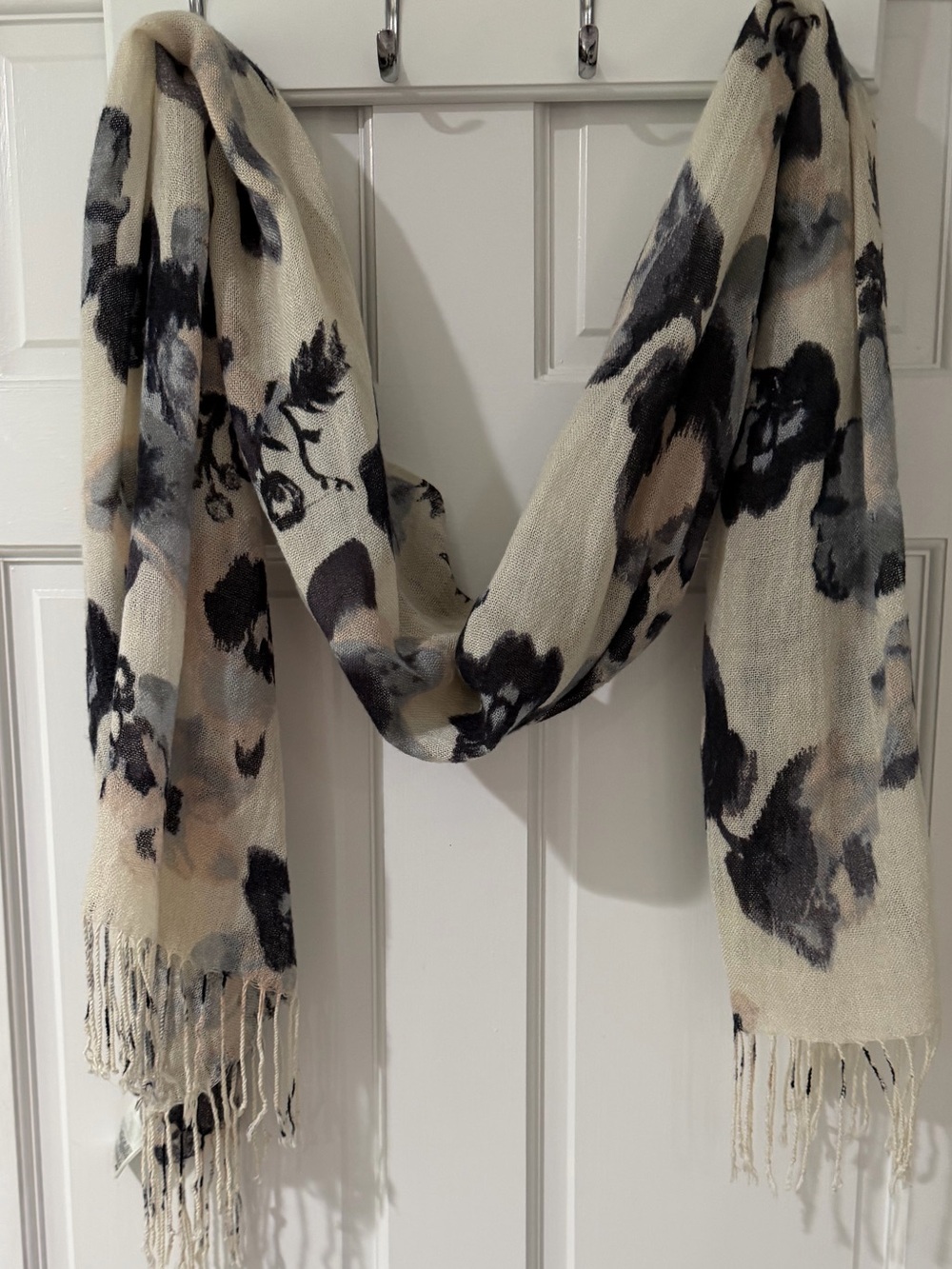 H&M Cream Scarf with Black and Gray Floral Pattern
